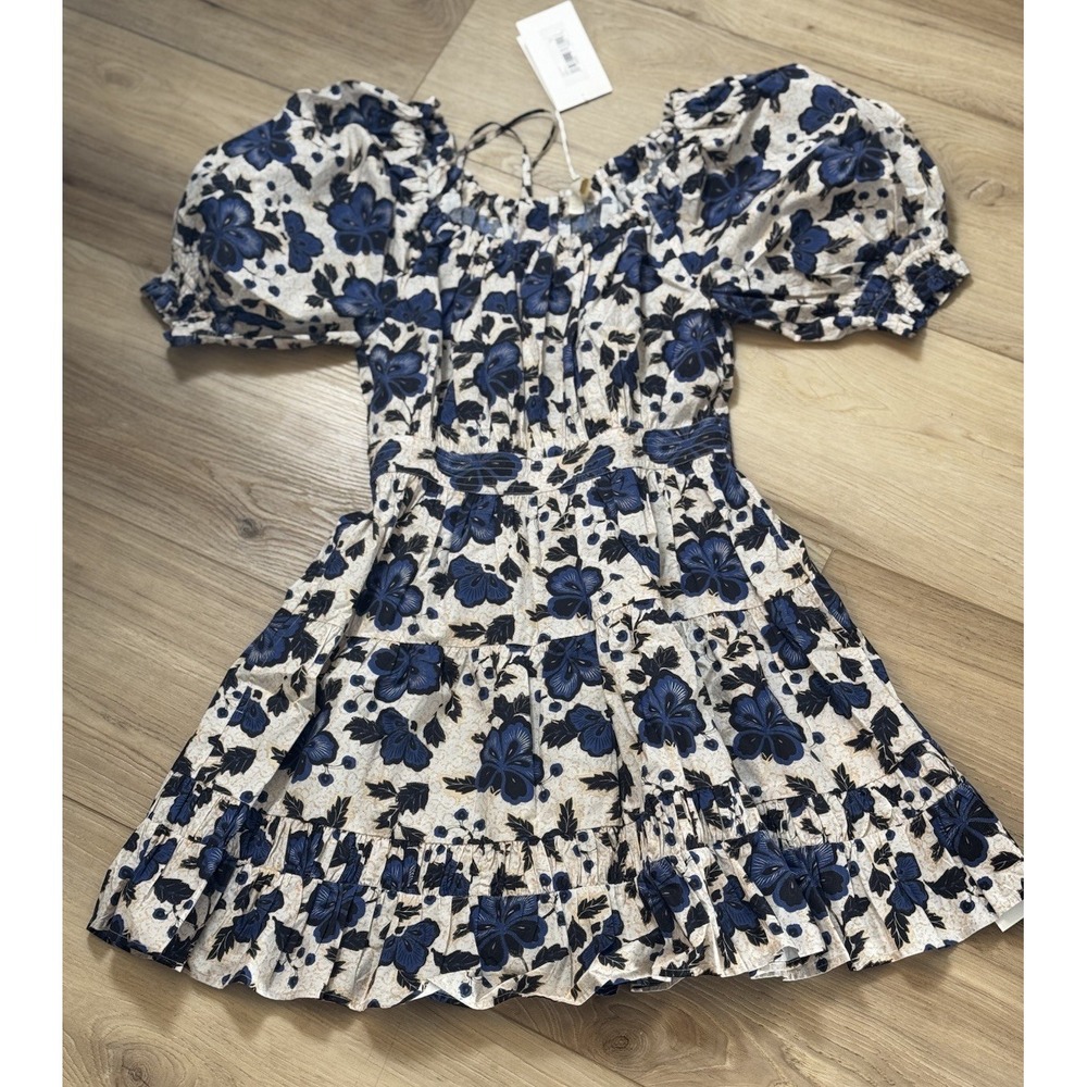 Ulla Johnson Celia Dress Lapis Floral Print Mini Puff Sleeve Tiered Size 0 Blue